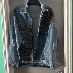 Blue Denim Jean Jacket with Black Leopard Panels